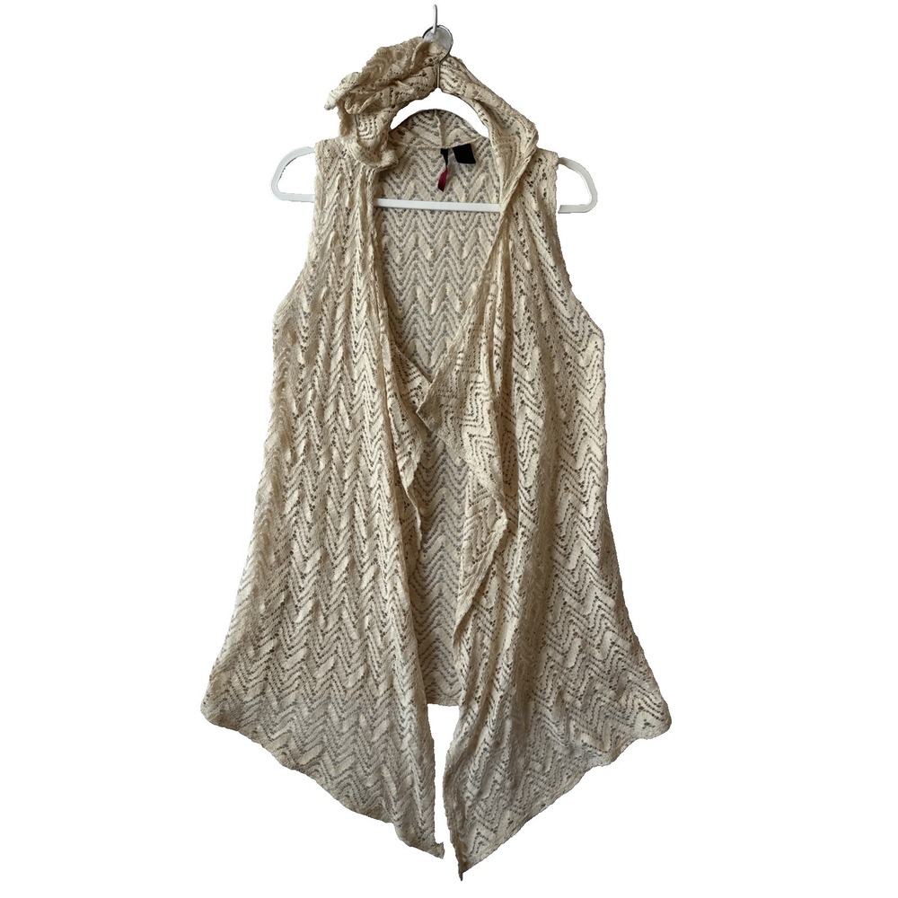 Boho Cream Crochet Hooded Sleeveless Vest Cardigan M Y2K Beach Resort Fairycore
